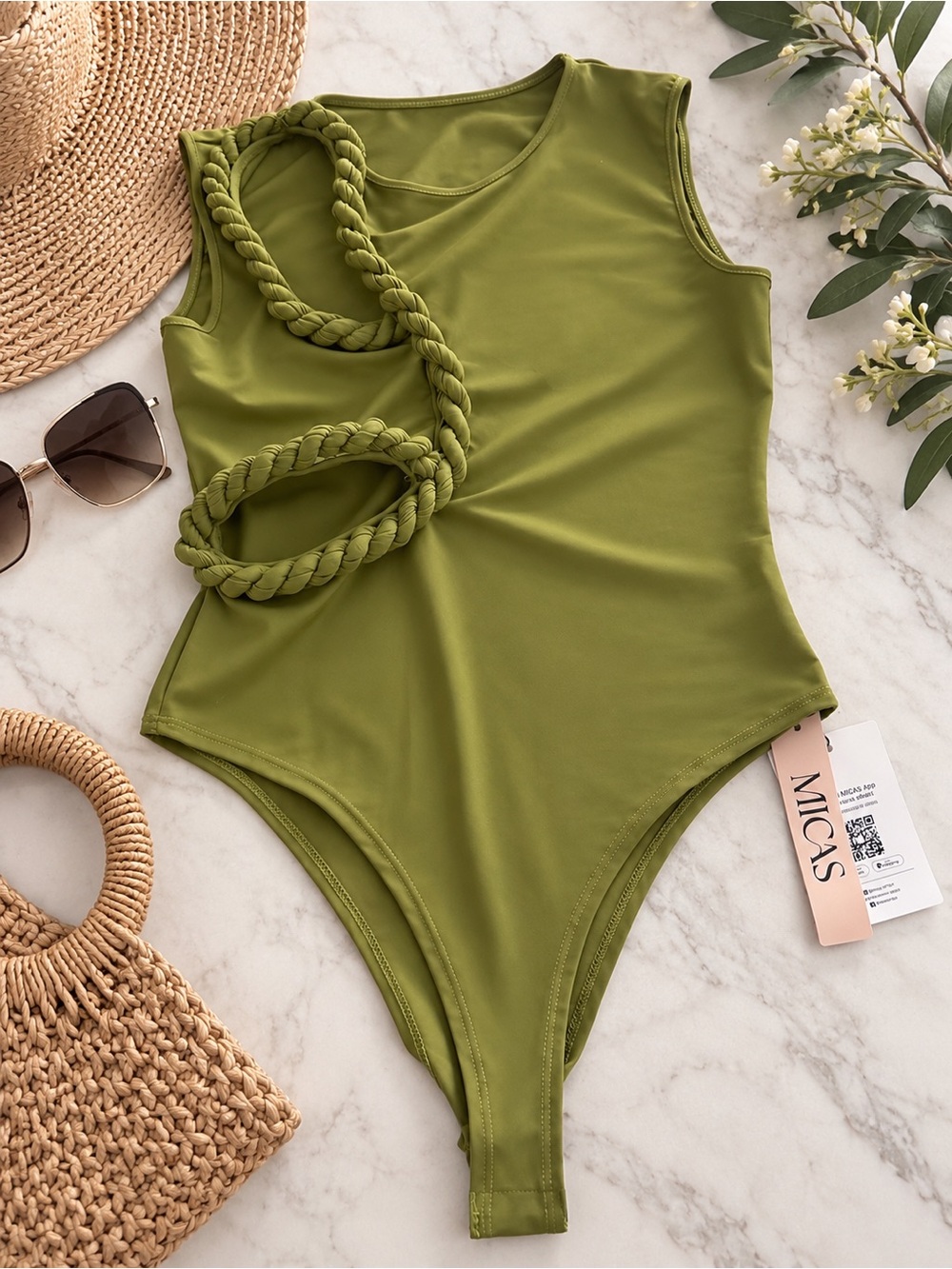 NWT MICAS Round Neck Twist Knot Cut Out Sleeveless Bodysuit Olive S